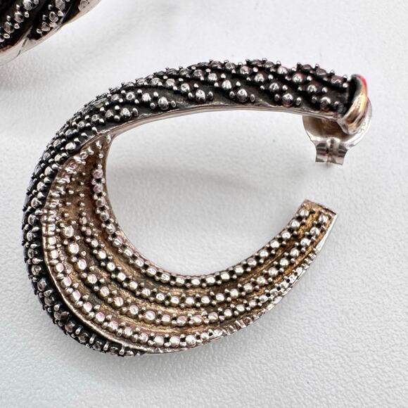 Tested Silver Twisted Hoop Earrings Faux Marcasite Milgrain Cobbled 9.23 Grams - Picture 6 of 16
